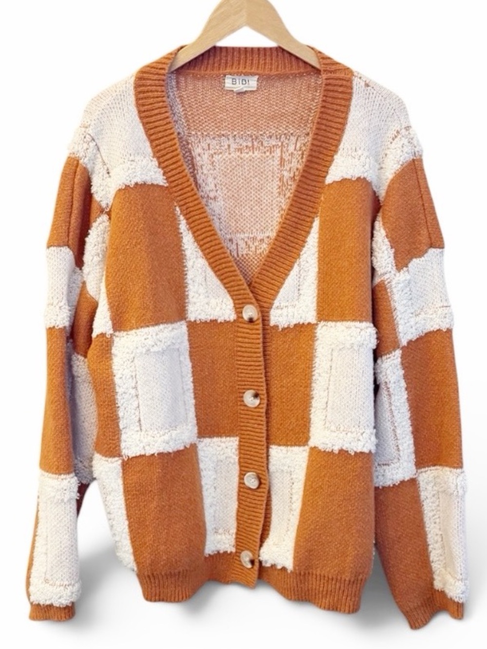 BiBi Rust and Cream Checkered Button-Up Cardigan Like New Size Small